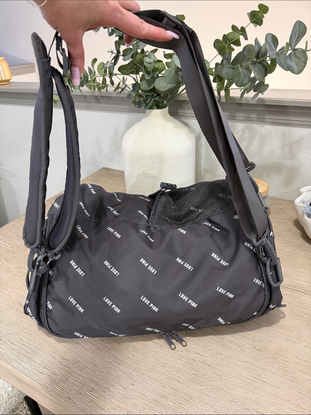 Pink Victorias Secret charcoal gray logo campus convertible duffel bag backpack